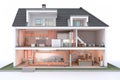Cross-section of a house with a heat pump, pipes from the ground floor to the upper floor with underfloor heating