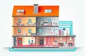 Cross-section of a house with a heat pump, pipes from the ground floor to the upper floor with underfloor heating