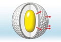 Cross-section illustration of a dimpled sphere resembling a golf ball. The outer layer features Royalty Free Stock Photo