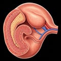 Cross-section illustration of a human fetus within the womb. The image shows the developing fetus Royalty Free Stock Photo