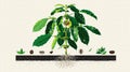 cross section illustration showing coffee plant development above enriched soil. Royalty Free Stock Photo