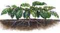 cross section illustration showing coffee plant development above enriched soil. Royalty Free Stock Photo
