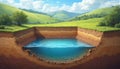 Cross section illustration of terrain underground water reservoir. Visualization features soil layers water table, green hills on Royalty Free Stock Photo