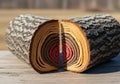A cross-section of a log is artistically cut and split in half, Royalty Free Stock Photo