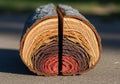 Cross-section of a log with colorful, layered textures resembling Royalty Free Stock Photo