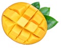 Cross section of mango fruit cut into cubes with a leaf. File contains clipping path Royalty Free Stock Photo