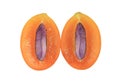 Cross Section of Marian Plum Showing Its Juicy Flesh and Purple Seed Isolated on White Background