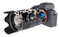 Cross section of mirrorless digital camera with zoom lens, 3D rendering Royalty Free Stock Photo