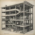 Cross-Section of a Multi-Story Office Building Showing Internal Structure, Floors, and Elevators