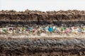 Cross-section of soil layers revealing embedded microplastics and various colored particles illustrating environmental pollution Royalty Free Stock Photo