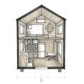 Cross-section of a tiny house with a pitched roof. Interior layout Royalty Free Stock Photo