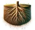 Cross-section of a tree\'s root system in a soil profile, showcasing nature\'s underground network