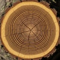 Cross-section of a tree trunk showcasing growth rings, indicating the age of the tree. The rings Royalty Free Stock Photo