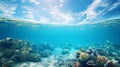 Cross-section of tropical marine seascape. Sunlight illuminating exotic underwater world with coral riffs. Generative AI