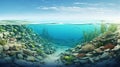 Cross-section of tropical seascape. Corals, sponges, fish, and algae in the clean sea. Rich wildlife. Generative AI Royalty Free Stock Photo