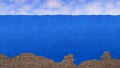 Ocean background with rippling waves, blue sky, white clouds, sea floor. 3d rendering