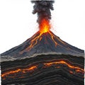 Cross-section of a volcano erupting, with visible lava flows and an explosion of ash Royalty Free Stock Photo