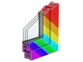 Cross section through a window PVC profile laminated multi-colored or rainbow color. 3D render, isolated on white