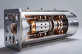 A cross-sectional 3D model of a Ni-63 nuclear battery, illustrating the advanced principles of isotopic power and compact energy