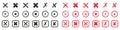 Cross Shape Icons Set. Black and Red Grunge Mark In Box And Circle Pictogram. X Symbol Collection. Delete, Cancel