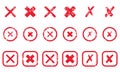 Cross Shape Silhouette Icon Set. Red Grunge Mark In Box And Circle Pictogram. Delete, Cancel, Reject, Ban Sign. Wrong