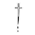 Cross with a sharp end with flowing blood. Aspen stake for killing a vampire. Hand drawn doodle black outline sketch