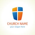 Cross and shield of faith christian church vector logo.