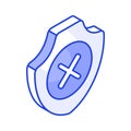 Cross on shield, isometric icon of security alert or no security vector, not verified Royalty Free Stock Photo