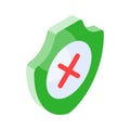 Cross on shield, isometric icon of security alert or no security vector, not verified