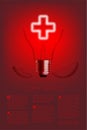 Cross sign shape broken Incandescent light bulb switch on set Medical organization concept, illustration isolated glow in red Royalty Free Stock Photo