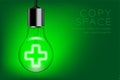 Cross sign shape Incandescent light bulb switch on set Medical organization concept, illustration isolated glow in green gradient Royalty Free Stock Photo