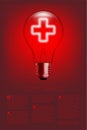 Cross sign shape Incandescent light bulb switch on set Medical organization concept, illustration isolated glow in red gradient Royalty Free Stock Photo