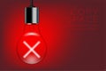 Cross sign shape Incandescent light bulb switch on set Wrong idea concept, illustration isolated glow in red gradient background, Royalty Free Stock Photo