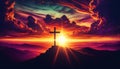 Cross Silhouetted Setting Sun on Hilltop. Spirituality, Faith, Copy-Space Royalty Free Stock Photo