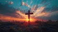 Cross Standing in Field at Sunset Royalty Free Stock Photo