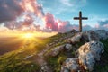 Cross Atop Hill With Sunset Background Generative AI Royalty Free Stock Photo