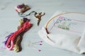 Cross stich set in process. hoop with embroidered pattern, scissors, canvas and colorful yarn