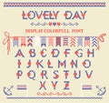 Cross stitch alphabet typeface poster. Good idea for summer, holiday, memorial Independence day posters, textile design.