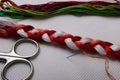 Cross-stitch. Embroidery threads, needle and thread and scissors on the canvas Royalty Free Stock Photo