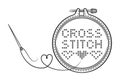 Cross stitch handmade line icon. Embroidery hoop with sewing needle, thread. Needlework. Canvas fabric with ornament. Vector Royalty Free Stock Photo