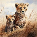 Cross stitch pattern of mother cheetah and her cub against a backdrop of tall, windswept grass. Cross stitching illustration as a Royalty Free Stock Photo