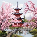 Cross stitch pattern. Cross stitching embroidery with asian house over a river and a blooming sakura garden. Picturesque japanese