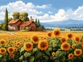 Cross stitch pattern. Cross stitching embroidery of a rustic farmhouse surrounded by fields of blooming sunflowers. Picturesque