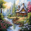 Cross stitch pattern. Cross stitching embroidery with rustic landscape of an old house over a river and a blooming garden.