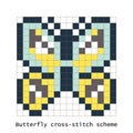 Cross-stitch pixel art butterfly vector set. Royalty Free Stock Photo