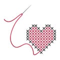 Cross-stitch. Red with a gray heart, embroidered with a cross. Needle and thread. Cross-stitch and smooth embroidery. Vector Royalty Free Stock Photo