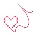 Cross-stitch. Red heart, embroidered with a cross. Needle and thread. Embroidery. Royalty Free Stock Photo