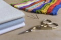 Cross-stitch set for embroidery: canvas, needles, threads and scissors Royalty Free Stock Photo