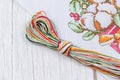 Cross-Stitch Set with printed canvas, needle and floss thread Royalty Free Stock Photo