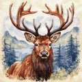 Cross stitch style illustration of a male bull elk in the rocky mountains